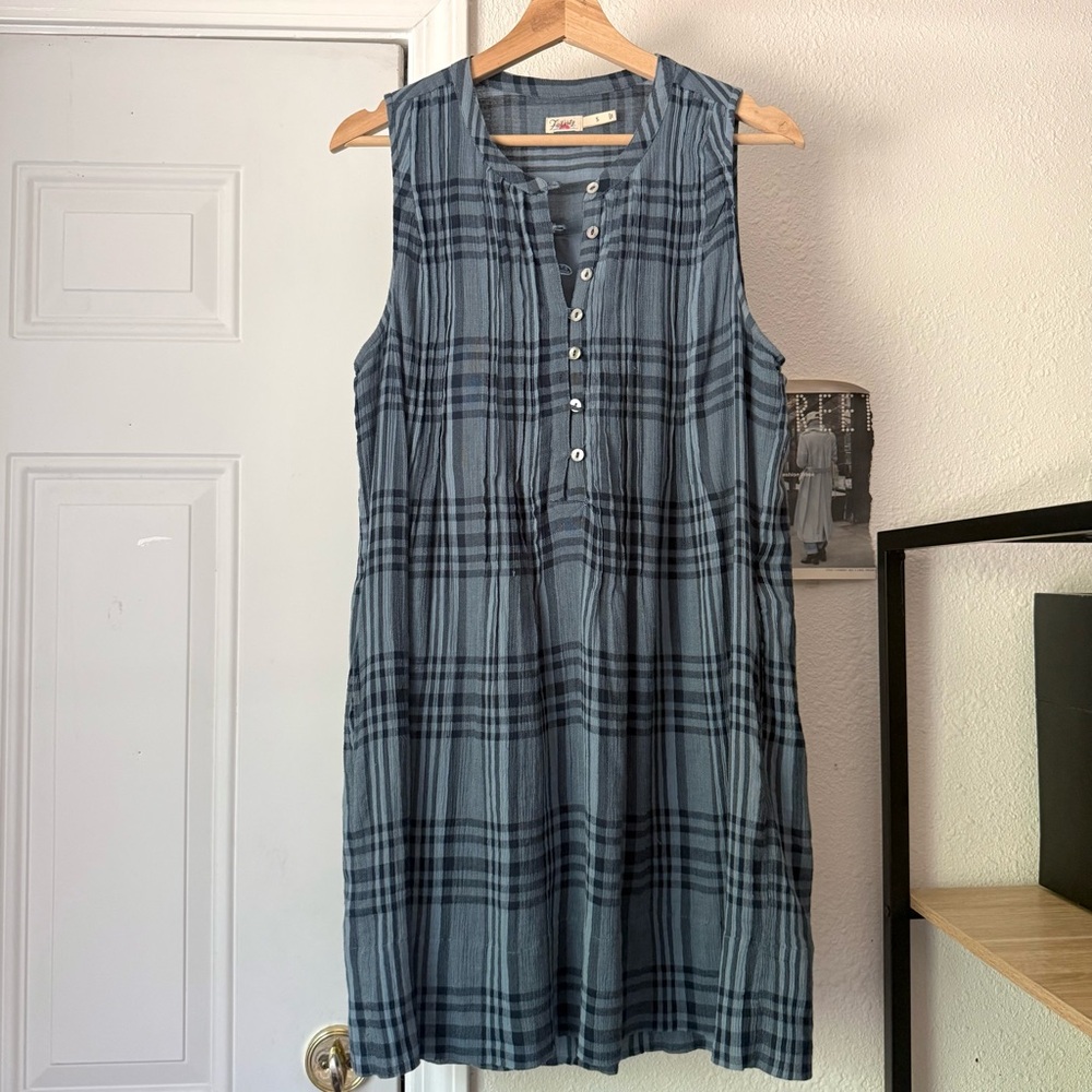 FAHERTY blue plaid organic cotton popover sleeveless mini shirt‎ dress